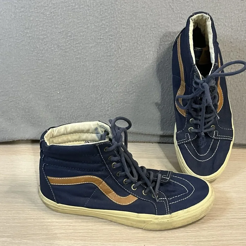 Vans SK8-Hi Navy Blue High Top Sneakers Tan Leather Stripe Skate Shoes Mens 8.5
